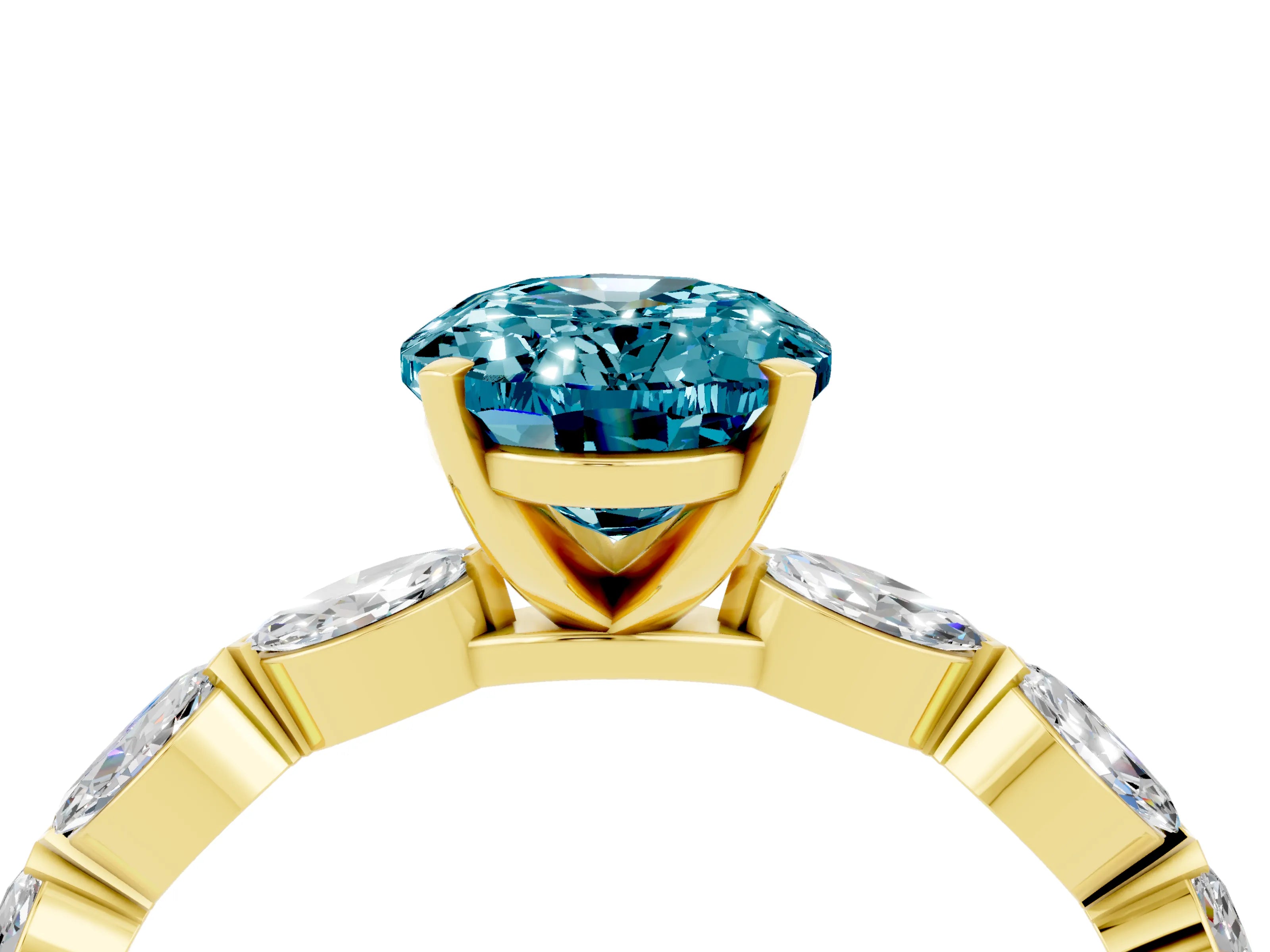 Yellow gold Oval Cut Blue Topaz Ring with Marquise Side Stones and Prong Setting_4