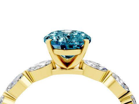 Yellow gold Oval Cut Blue Topaz Ring with Marquise Side Stones and Prong Setting_4