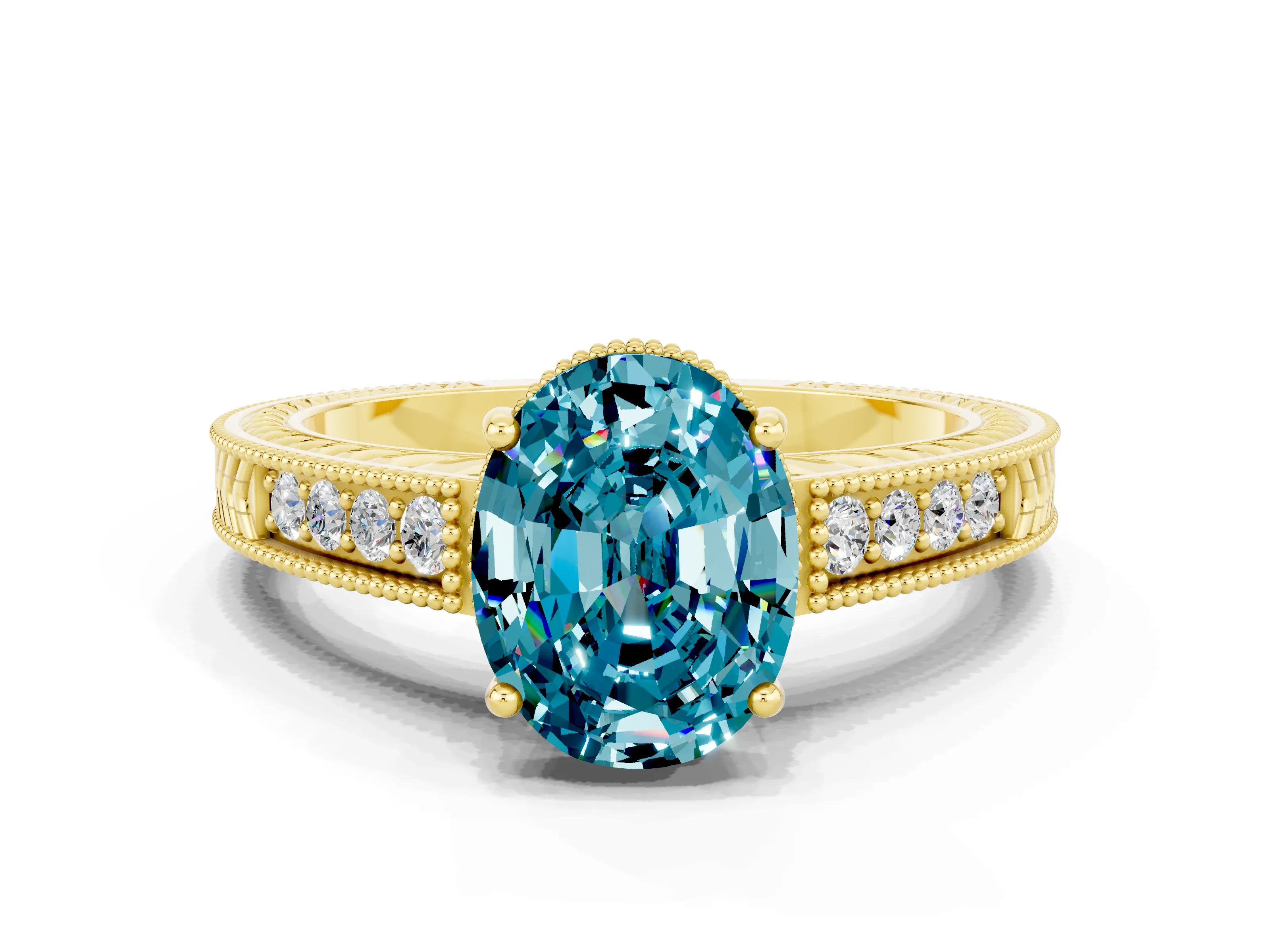 Yellow gold Oval Cut Blue Topaz Ring with Milgrain Pavé Band and Four-Prong Setting_12
