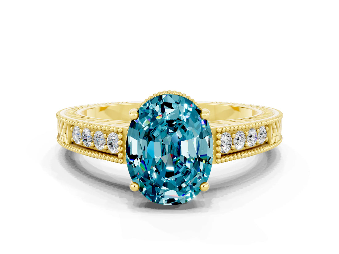 Yellow gold Oval Cut Blue Topaz Ring with Milgrain Pavé Band and Four-Prong Setting_12