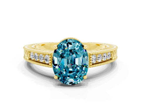 Yellow gold Oval Cut Blue Topaz Ring with Milgrain Pavé Band and Four-Prong Setting_12