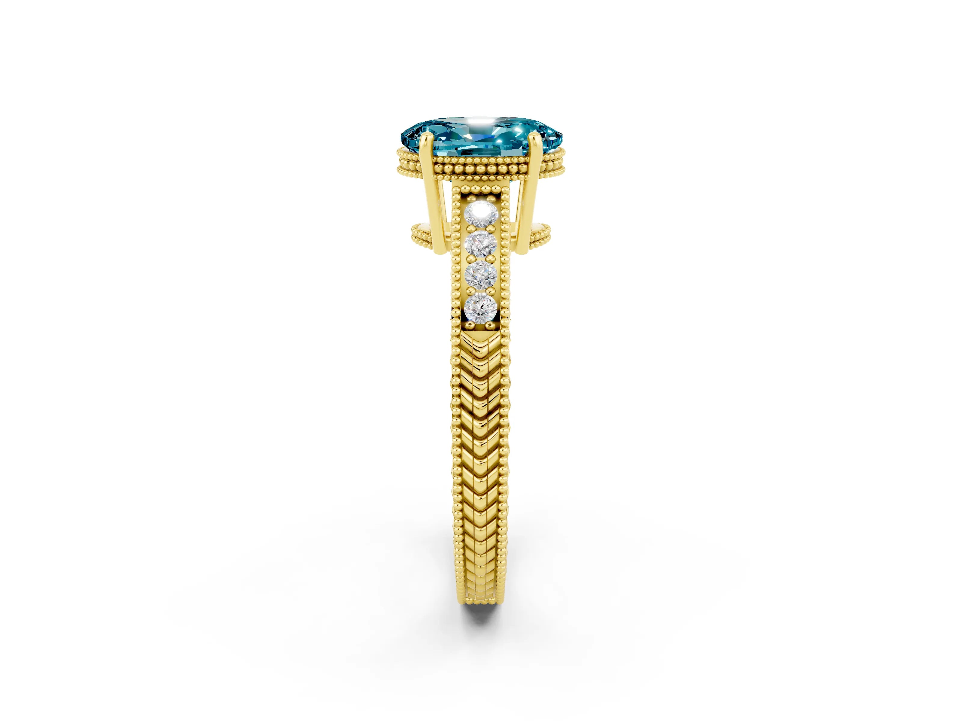 Yellow gold Oval Cut Blue Topaz Ring with Milgrain Pavé Band and Four-Prong Setting_14