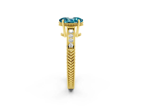 Yellow gold Oval Cut Blue Topaz Ring with Milgrain Pavé Band and Four-Prong Setting