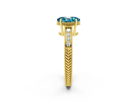 Yellow gold Oval Cut Blue Topaz Ring with Milgrain Pavé Band and Four-Prong Setting_14
