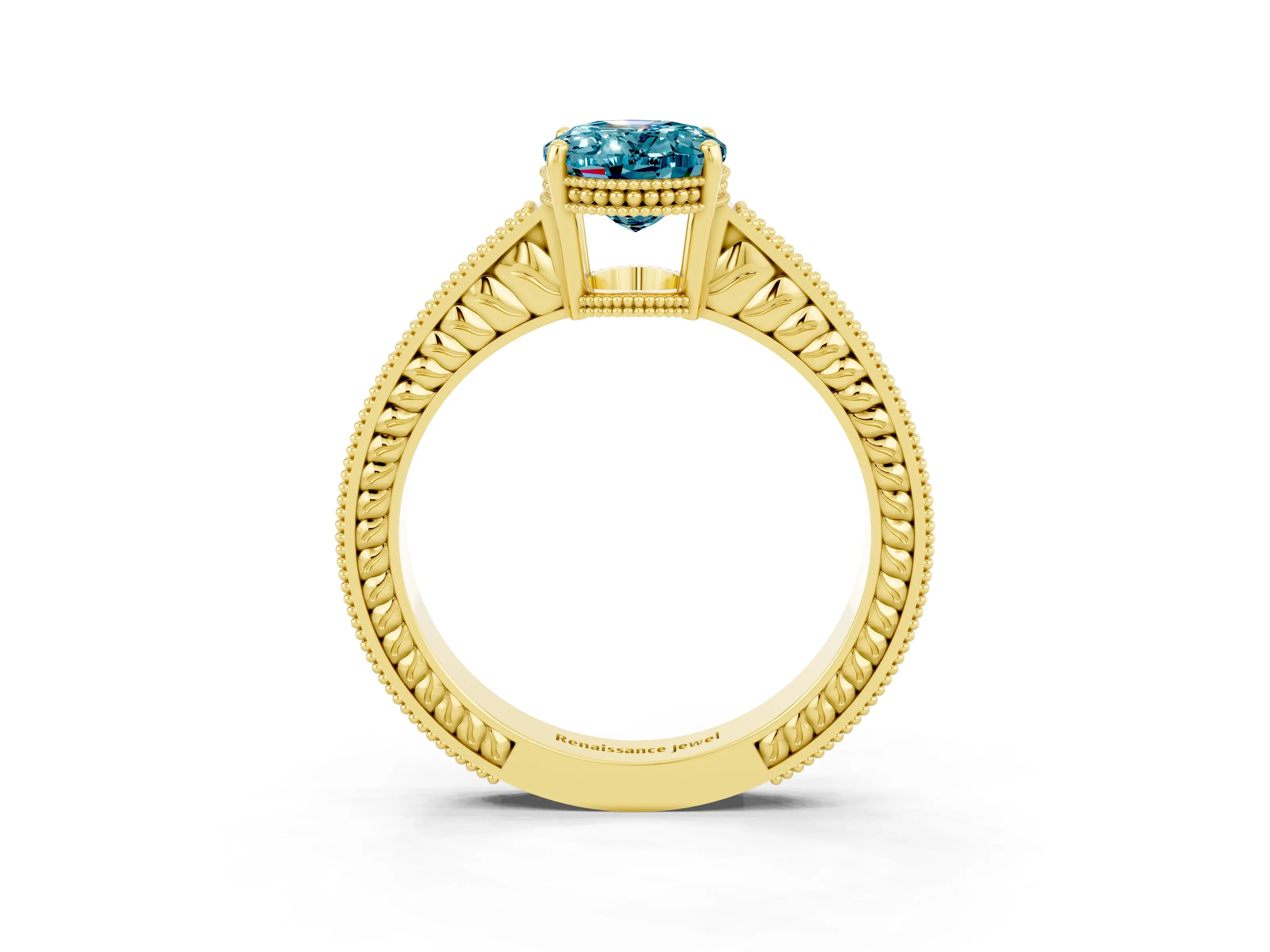 Yellow gold Oval Cut Blue Topaz Ring with Milgrain Pavé Band and Four-Prong Setting_15