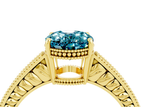 Yellow gold Oval Cut Blue Topaz Ring with Milgrain Pavé Band and Four-Prong Setting_16
