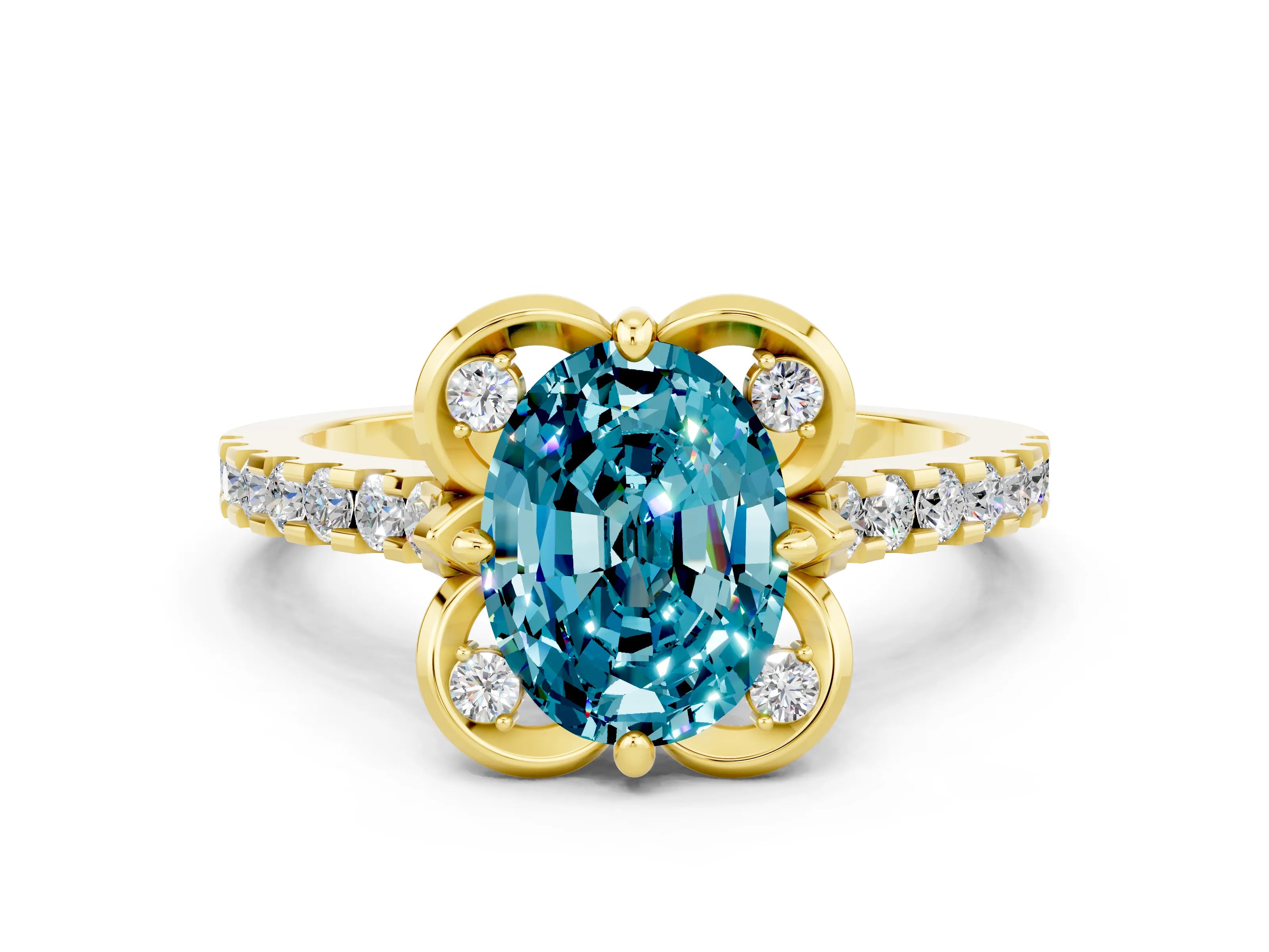 Yellow gold Oval Cut Blue Topaz Ring with Pavé Band and Floral Prong Setting