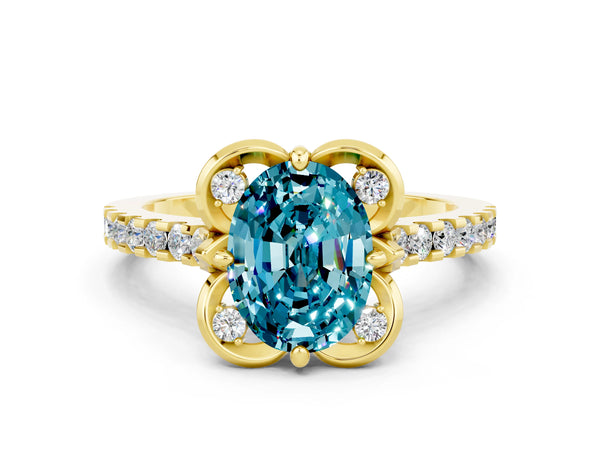 Yellow gold Oval Cut Blue Topaz Ring with Pavé Band and Floral Prong Setting
