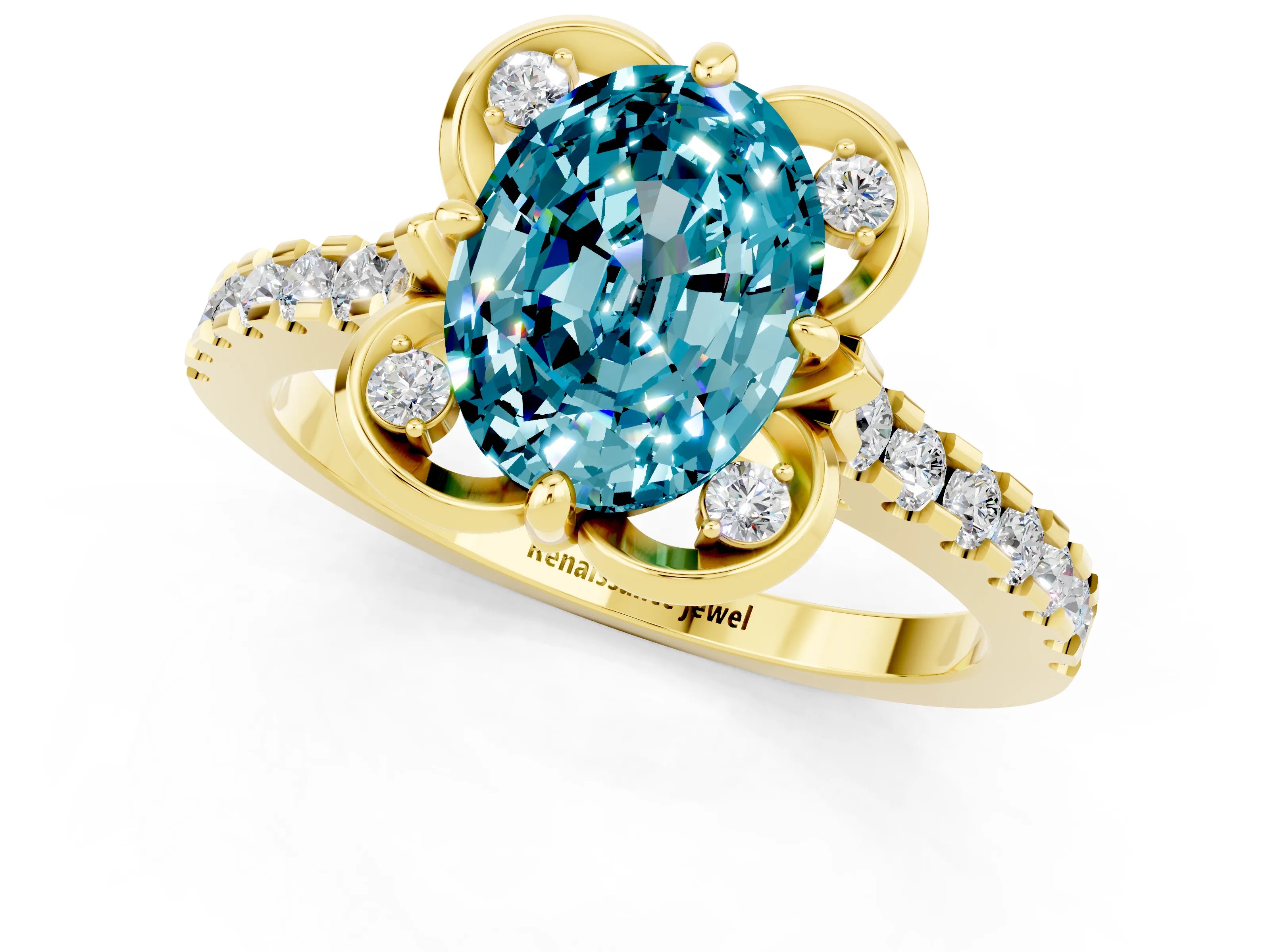 Yellow gold Oval Cut Blue Topaz Ring with Pavé Band and Floral Prong Setting_1