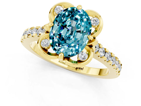 Yellow gold Oval Cut Blue Topaz Ring with Pavé Band and Floral Prong Setting_1