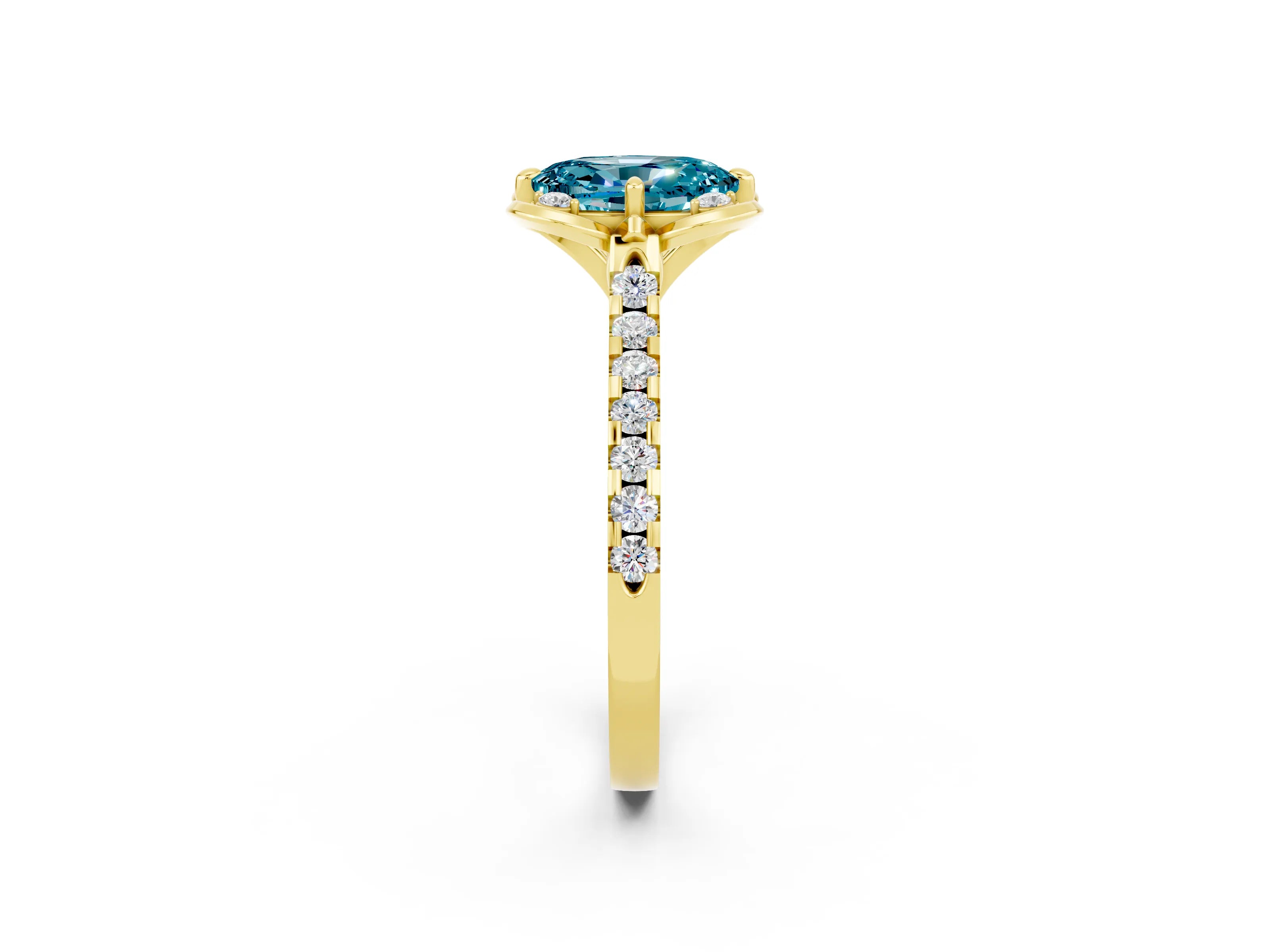 Yellow gold Oval Cut Blue Topaz Ring with Pavé Band and Floral Prong Setting_2