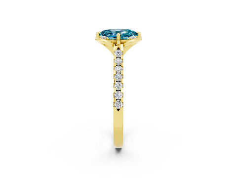 Yellow gold Oval Cut Blue Topaz Ring with Pavé Band and Floral Prong Setting_2