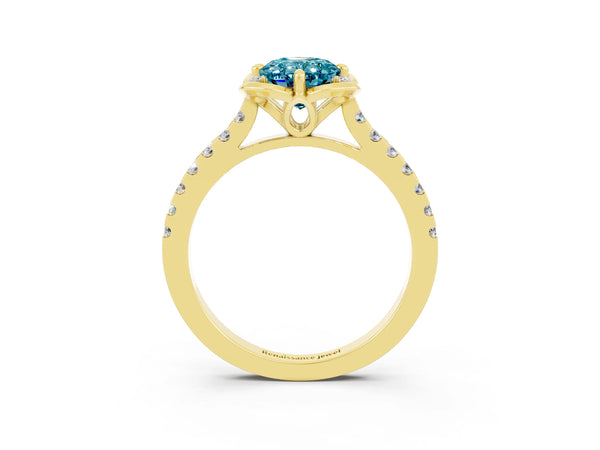 Yellow gold Oval Cut Blue Topaz Ring with Pavé Band and Floral Prong Setting