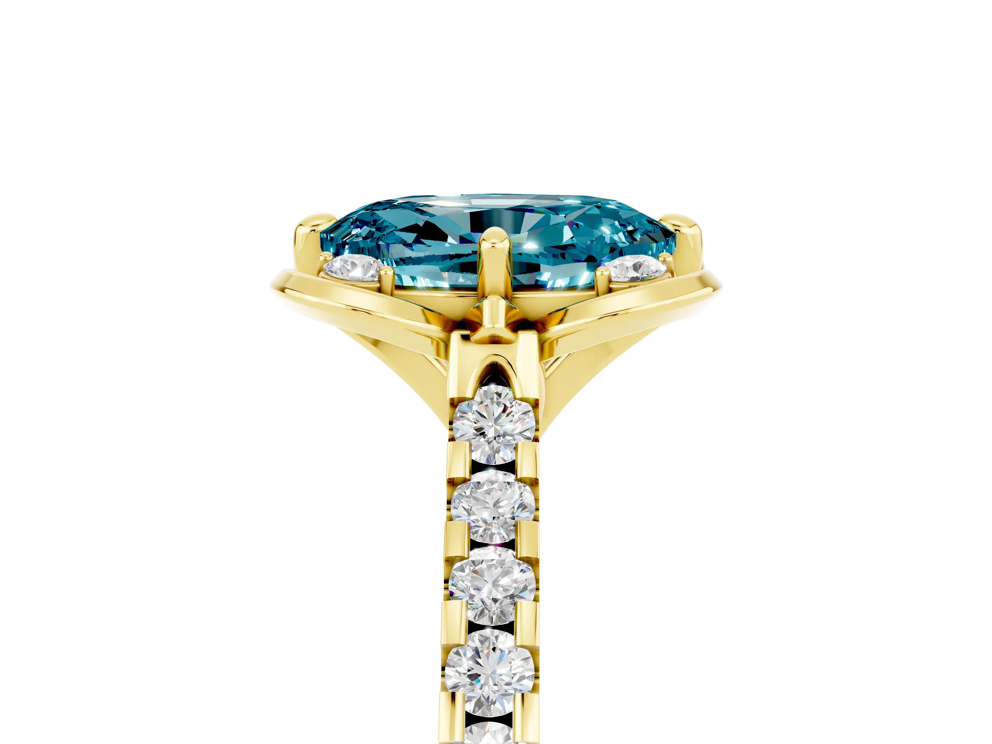 Yellow gold Oval Cut Blue Topaz Ring with Pavé Band and Floral Prong Setting_5