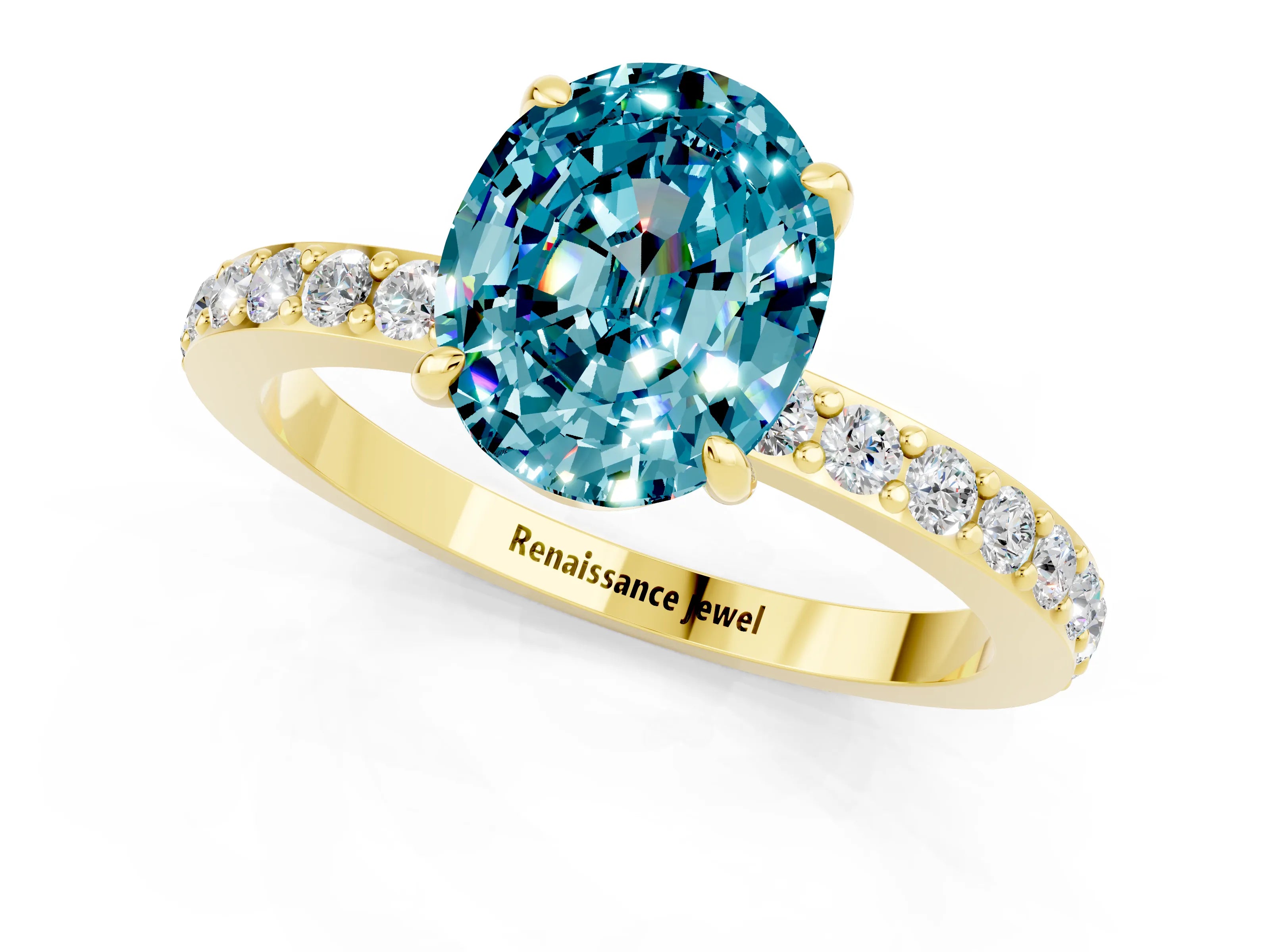 Yellow gold Oval Cut Blue Topaz Ring with Pavé Band and Four-Prong Setting_1