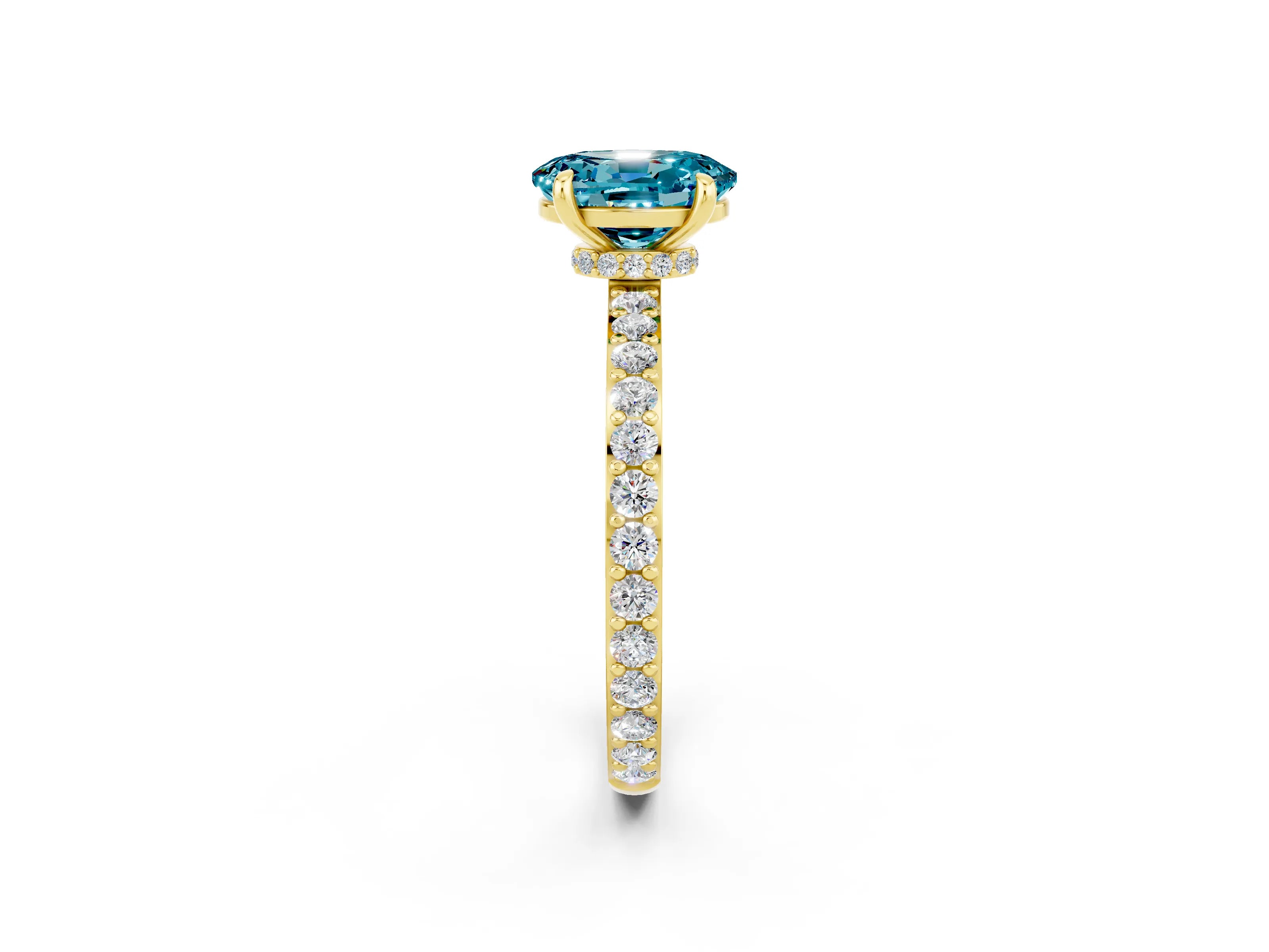 Yellow gold Oval Cut Blue Topaz Ring with Pavé Band and Four-Prong Setting_2
