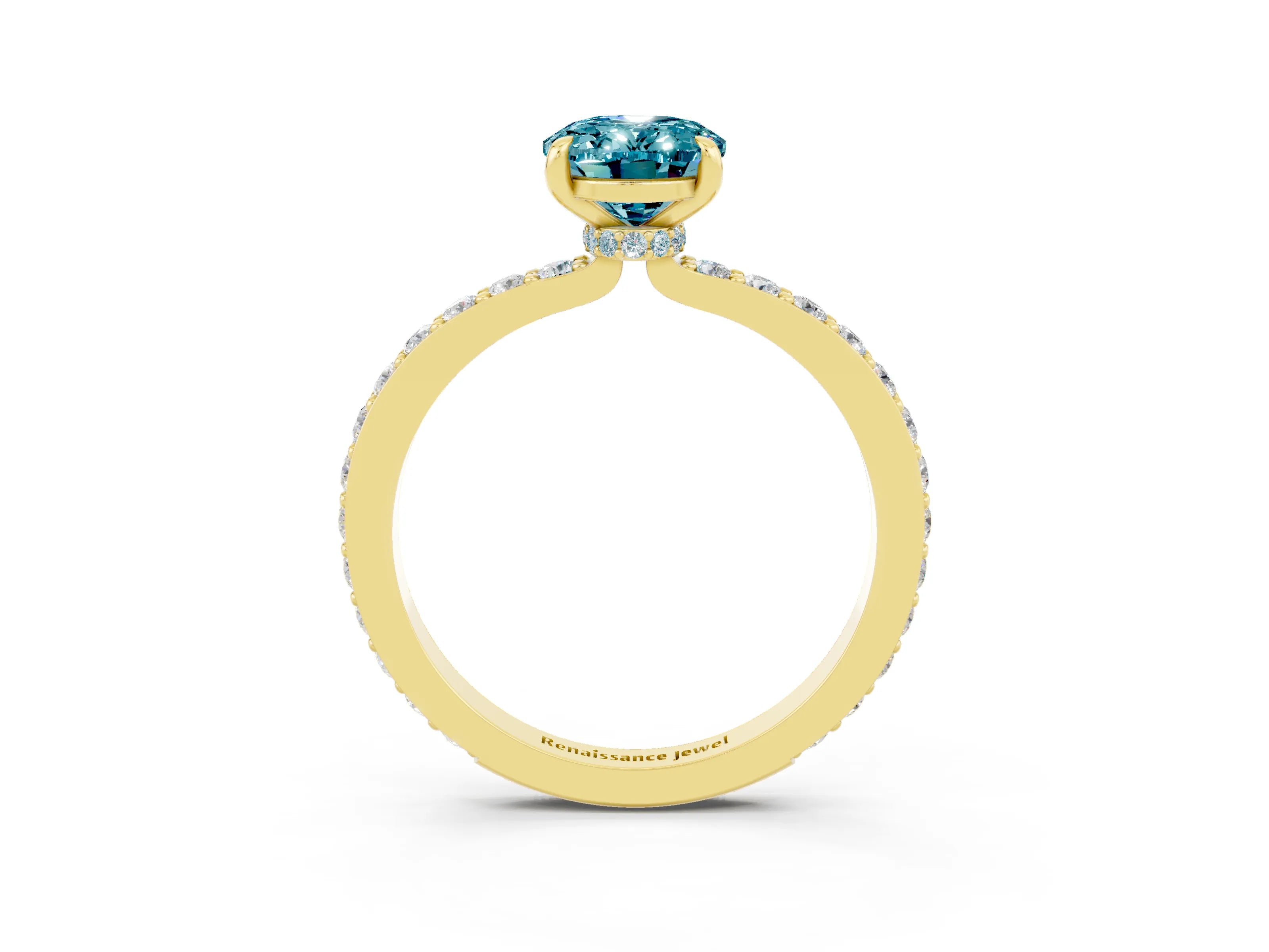 Yellow gold Oval Cut Blue Topaz Ring with Pavé Band and Four-Prong Setting_3