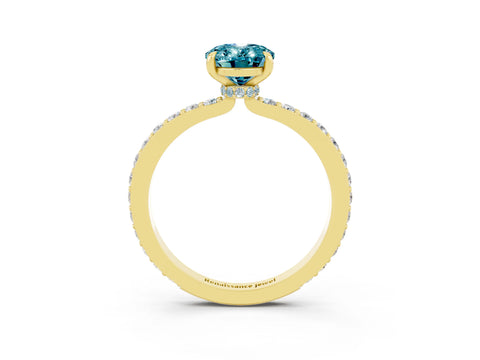 Yellow gold Oval Cut Blue Topaz Ring with Pavé Band and Four-Prong Setting_3