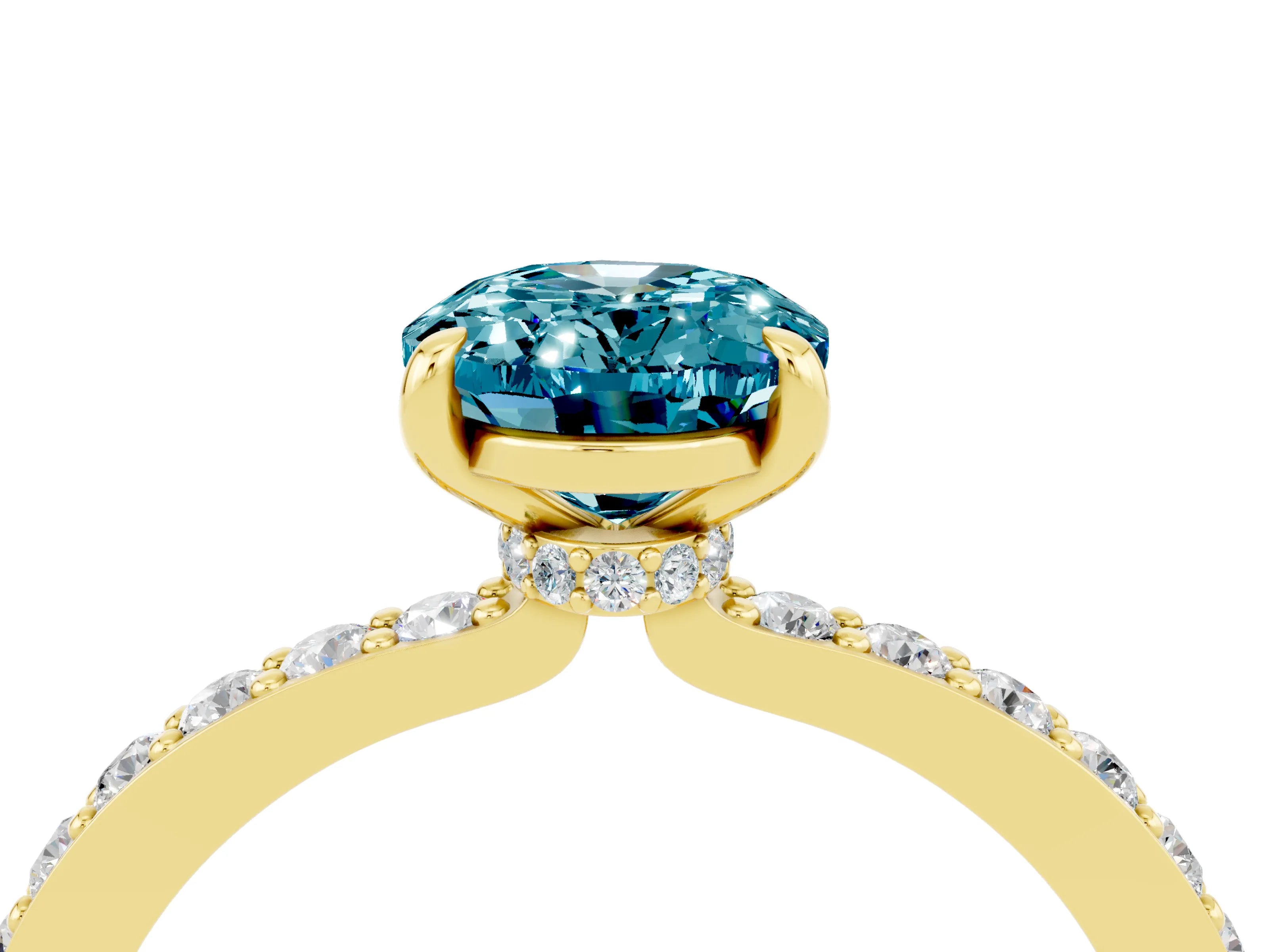 Yellow gold Oval Cut Blue Topaz Ring with Pavé Band and Four-Prong Setting_4