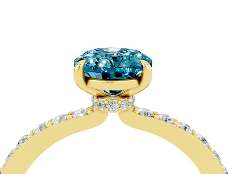 Yellow gold Oval Cut Blue Topaz Ring with Pavé Band and Four-Prong Setting_4