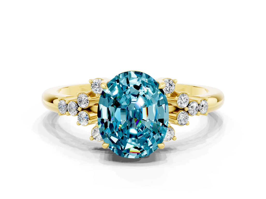 Yellow gold Oval Cut Blue Topaz Ring with Side Stones and Four-Prong Setting_72