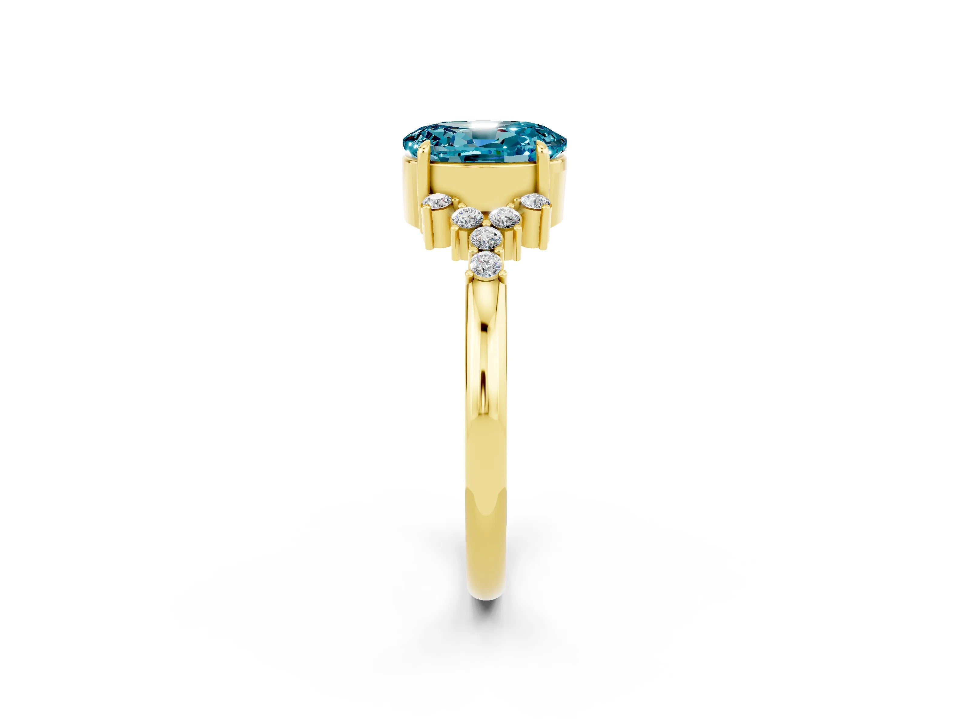 Yellow gold Oval Cut Blue Topaz Ring with Side Stones and Four-Prong Setting_74