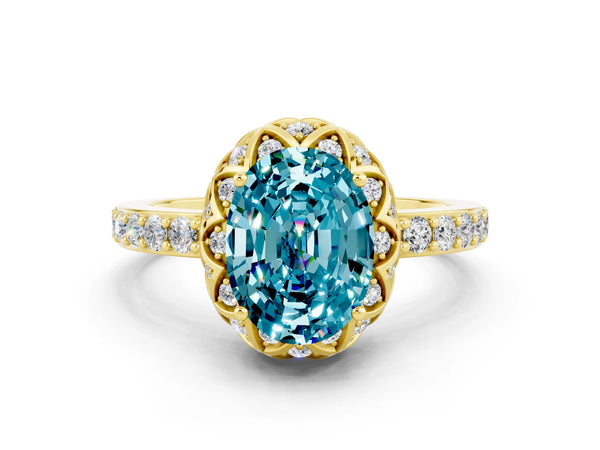 Yellow gold Oval Cut Blue Topaz Scalloped Halo Engagement Ring with Round Shared Prong Band