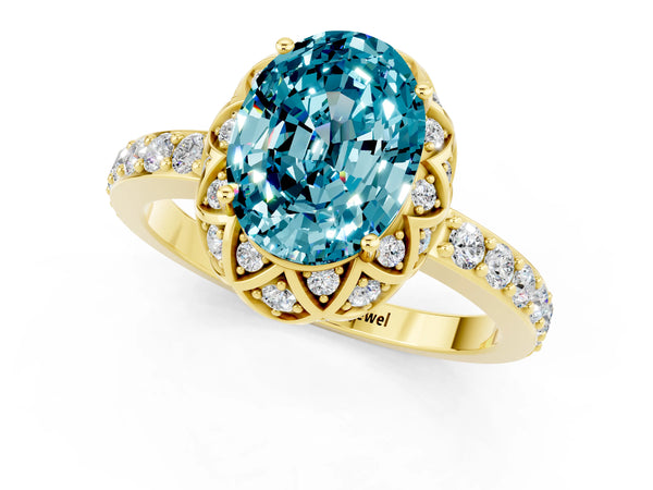 Yellow gold Oval Cut Blue Topaz Scalloped Halo Engagement Ring with Round Shared Prong Band