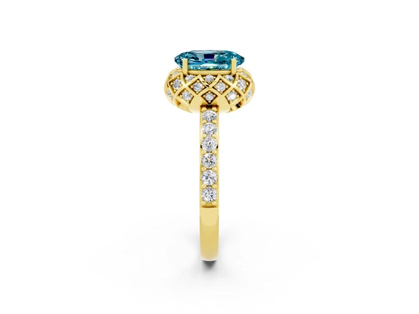 Yellow gold Oval Cut Blue Topaz Scalloped Halo Engagement Ring with Round Shared Prong Band