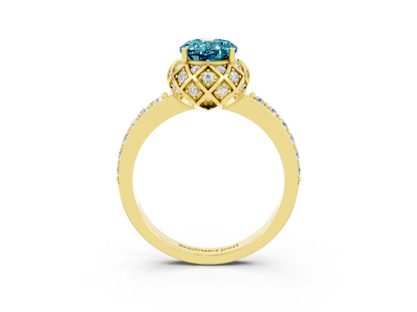 Yellow gold Oval Cut Blue Topaz Scalloped Halo Engagement Ring with Round Shared Prong Band