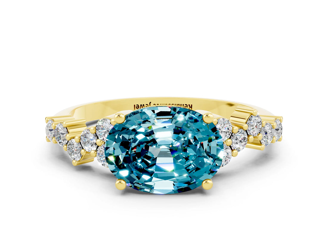 Yellow gold Oval Cut Blue Topaz Scattered Round Accent Ring with Prong Setting_12