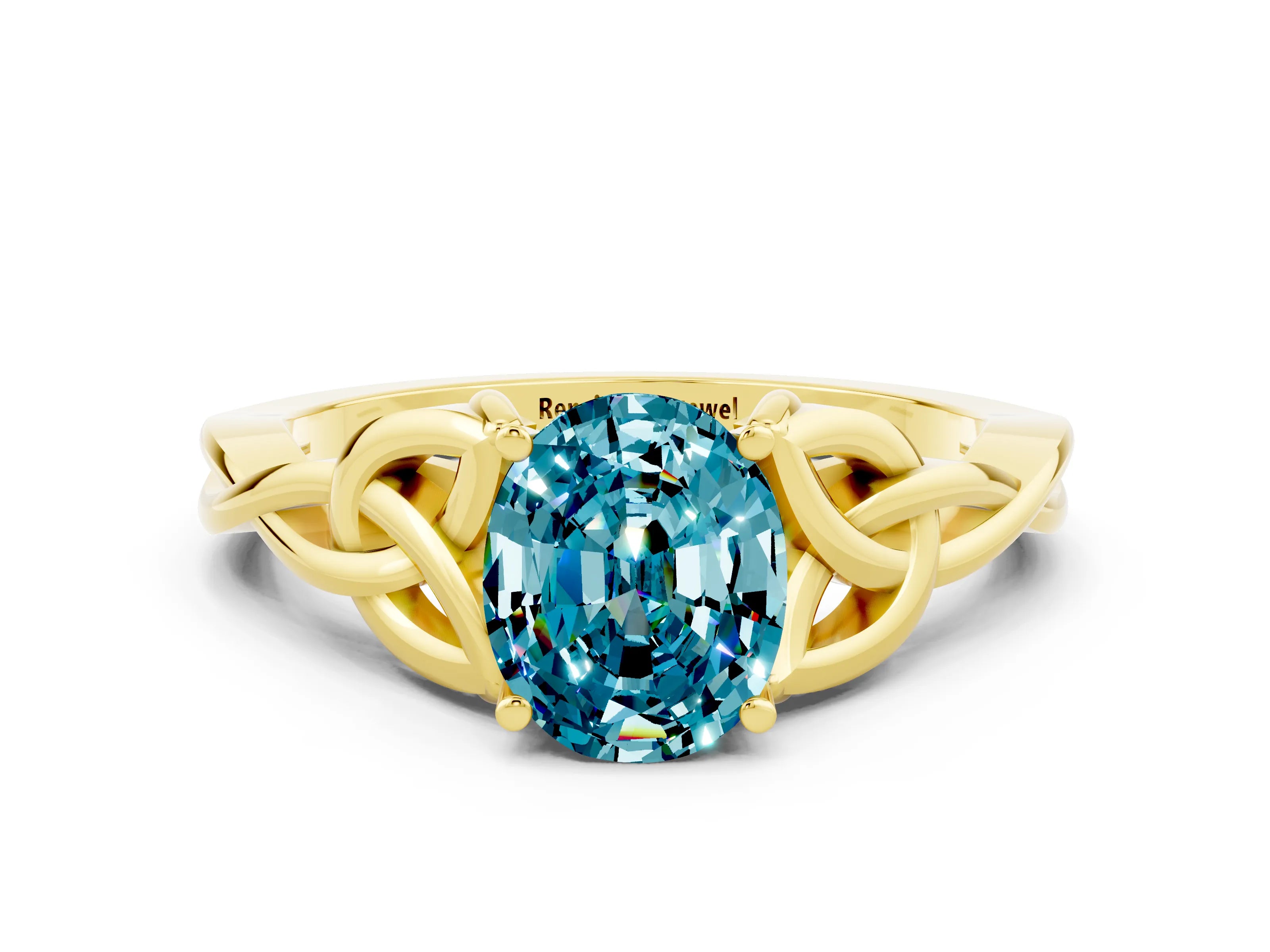 Yellow gold Oval Cut Blue Topaz Solitaire Celtic Knot Ring with Four-Prong Setting_12