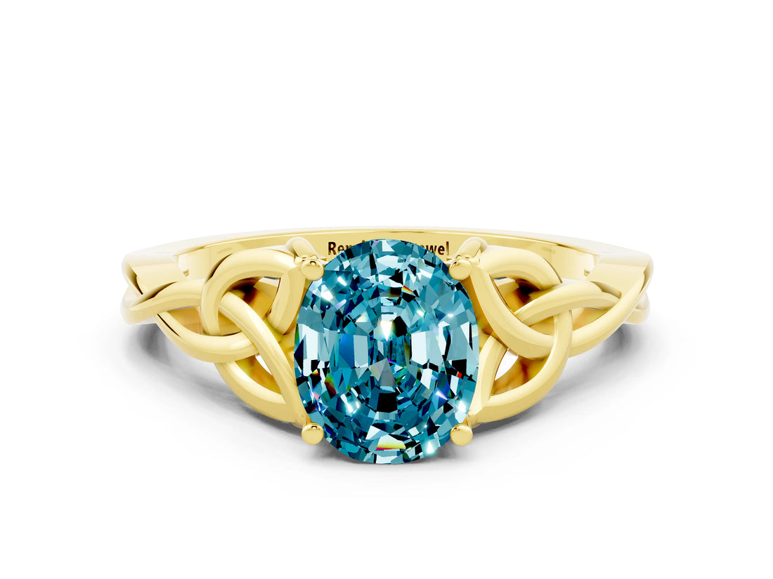 Yellow gold Oval Cut Blue Topaz Solitaire Celtic Knot Ring with Four-Prong Setting_12