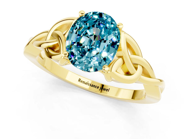 Yellow gold Oval Cut Blue Topaz Solitaire Celtic Knot Ring with Four-Prong Setting
