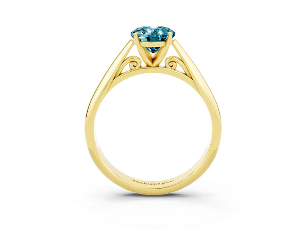 Yellow gold Oval Cut Blue Topaz Solitaire Engagement Ring with Cathedral Setting and Four-Prong Mount