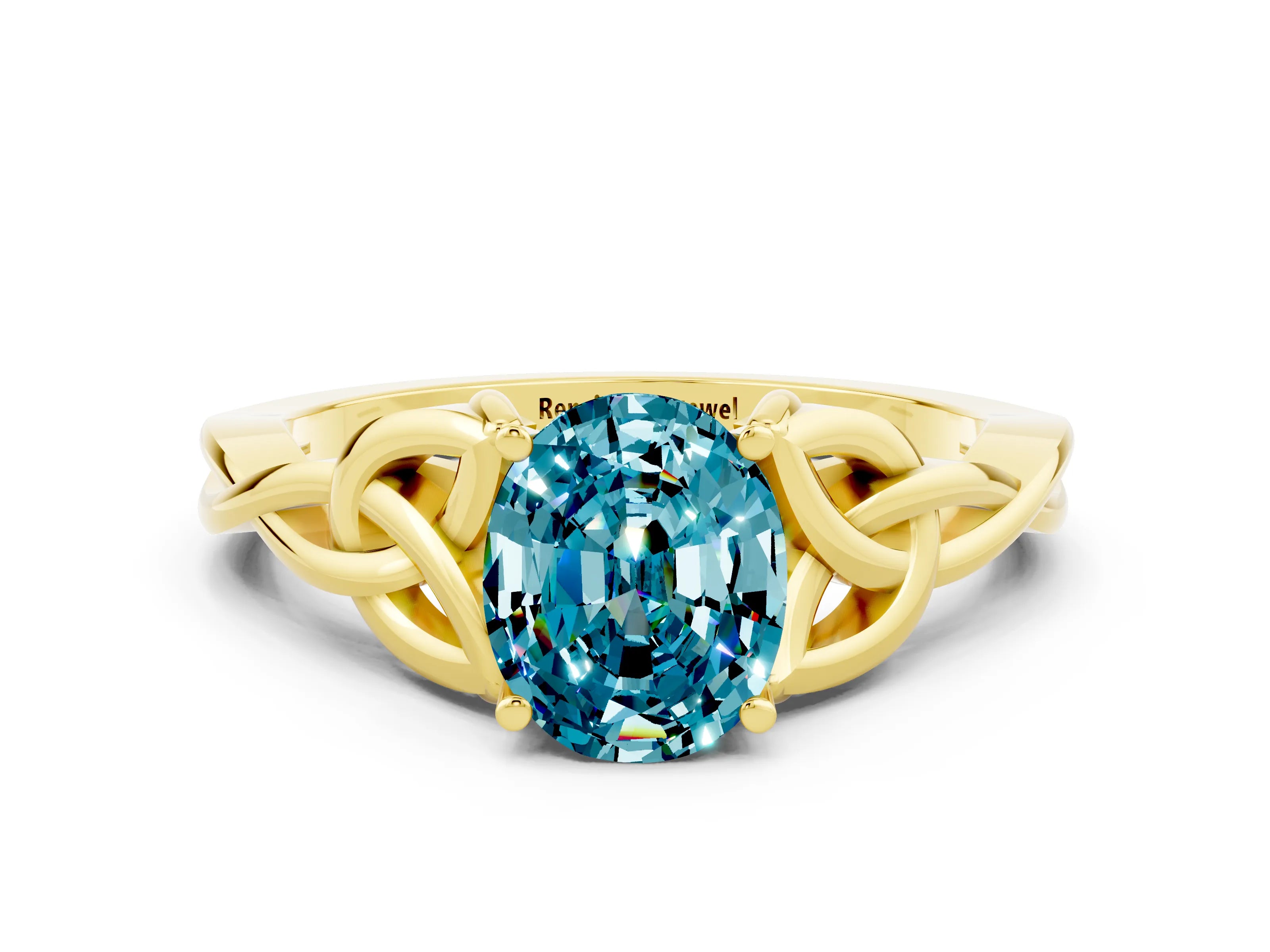 Yellow gold Oval Cut Blue Topaz Solitaire Engagement Ring with Celtic Knot Band and Four-Prong Setting