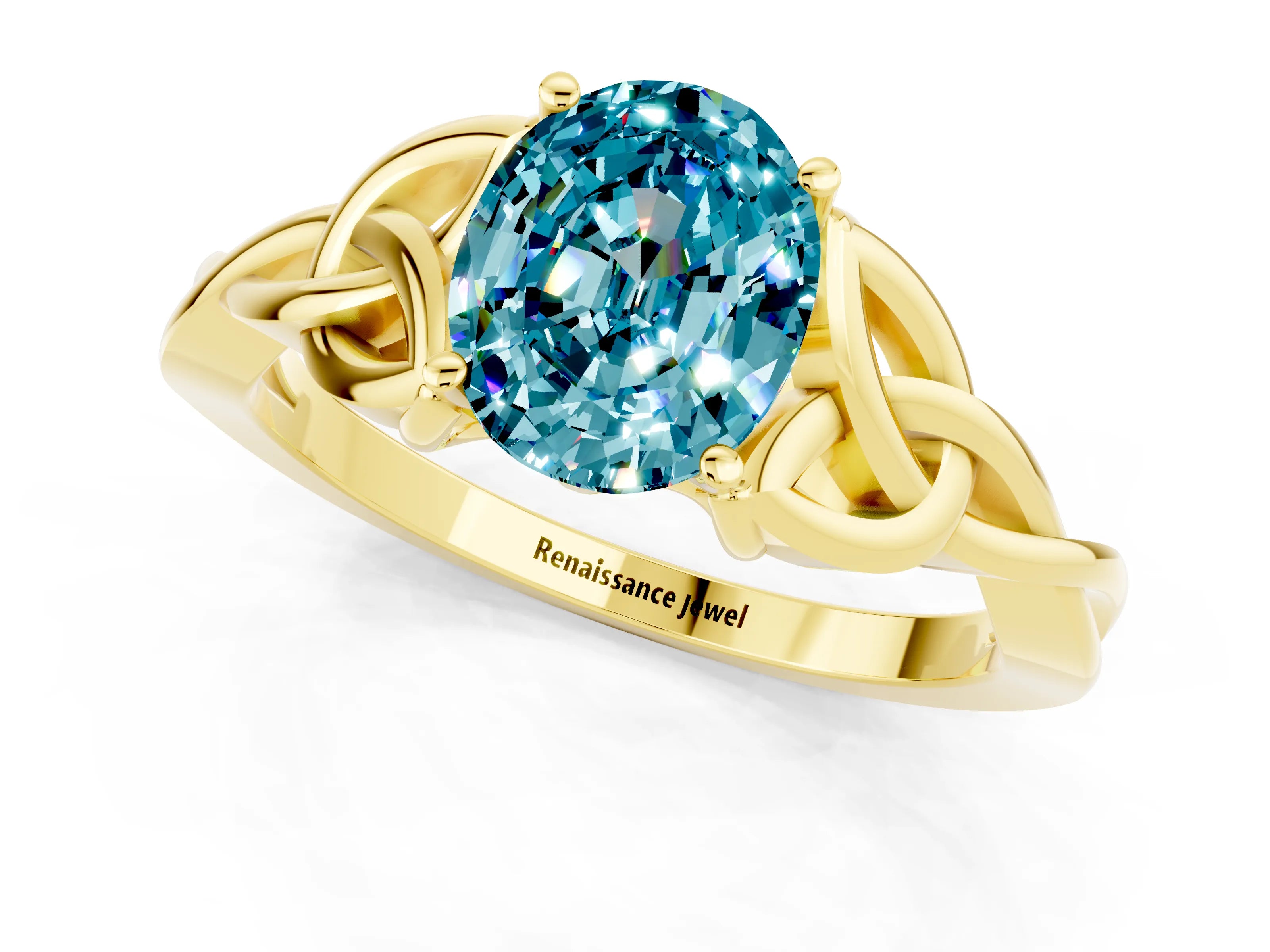 Yellow gold Oval Cut Blue Topaz Solitaire Engagement Ring with Celtic Knot Band and Four-Prong Setting_1