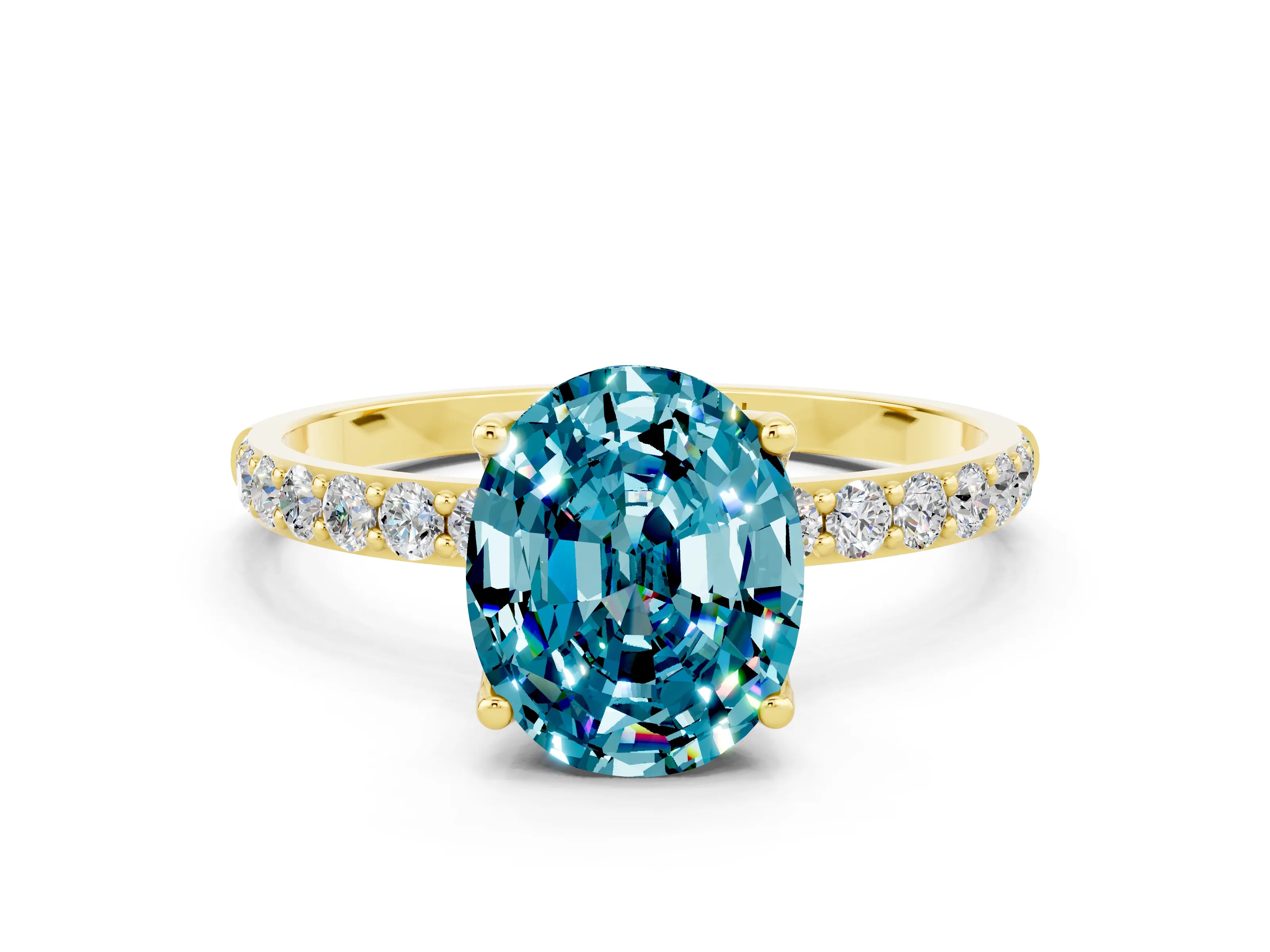 Yellow gold Oval Cut Blue Topaz Solitaire Engagement Ring with Pavé Band and Prong Setting
