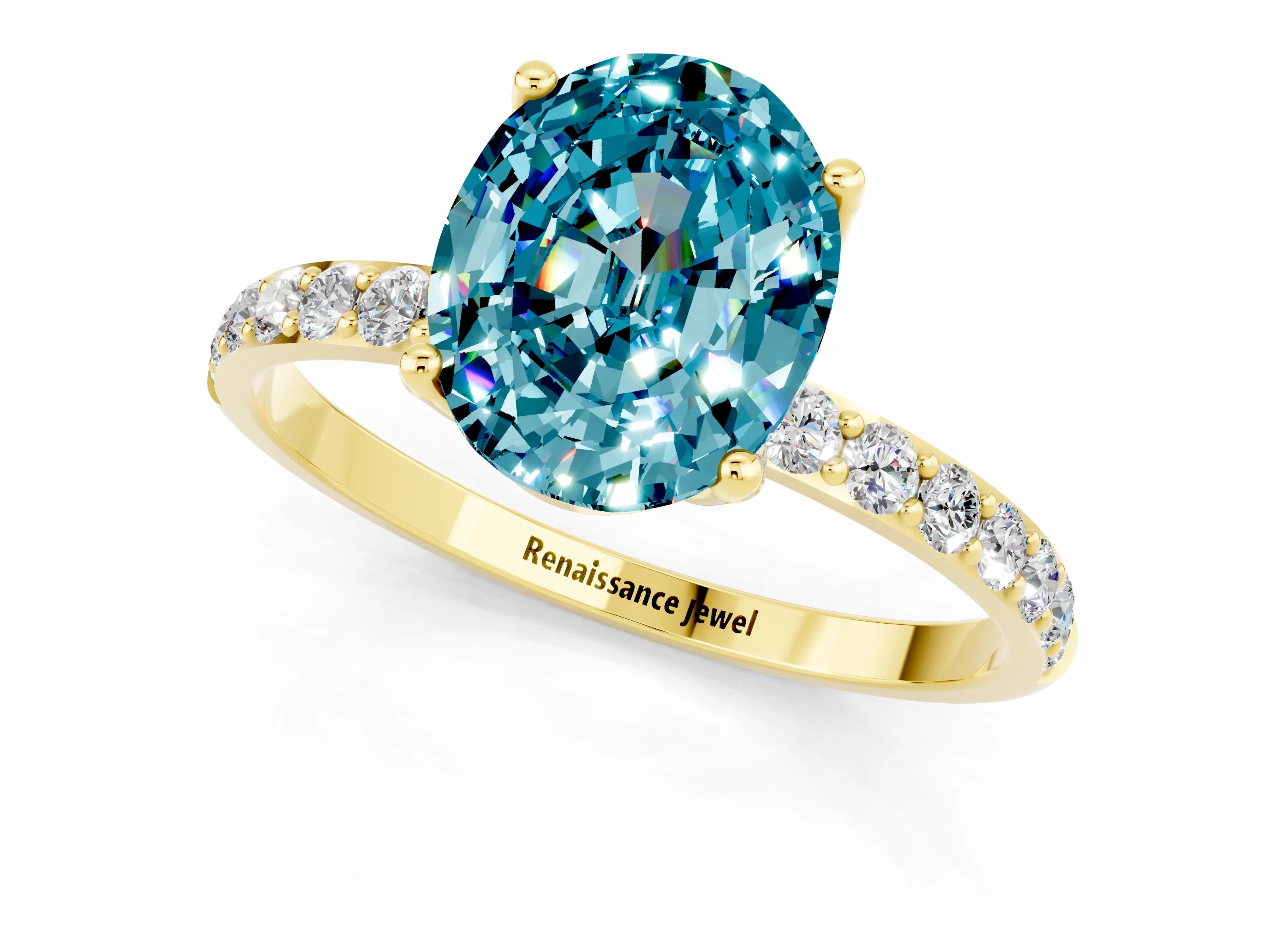 Yellow gold Oval Cut Blue Topaz Solitaire Engagement Ring with Pavé Band and Prong Setting_1