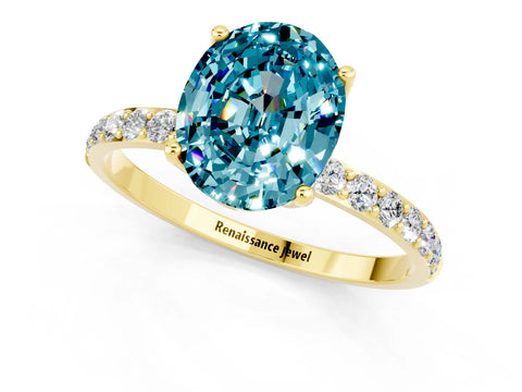 Yellow gold Oval Cut Blue Topaz Solitaire Engagement Ring with Pavé Band and Prong Setting_1