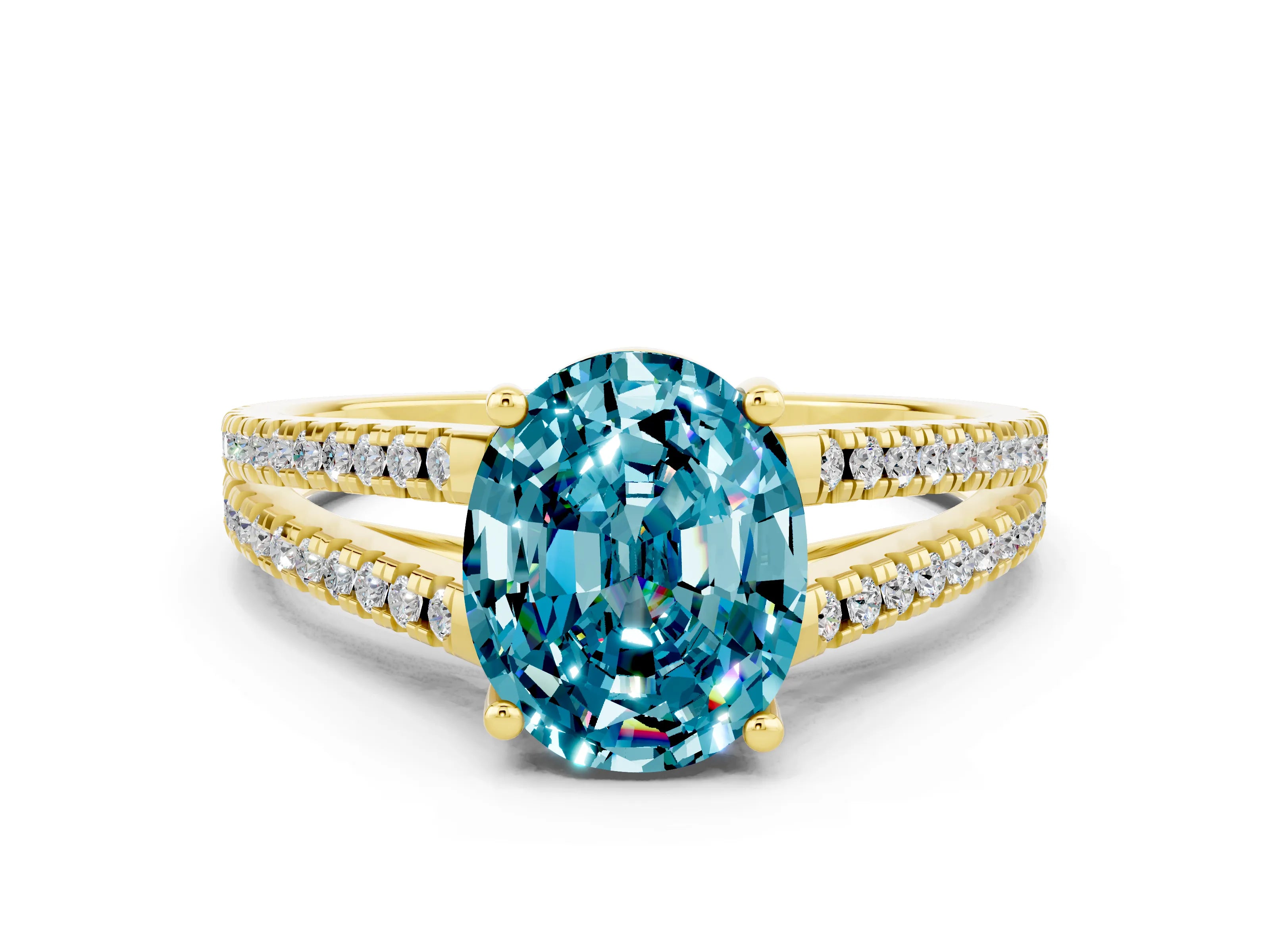 Yellow gold Oval Cut Blue Topaz Solitaire Engagement Ring with Split Shank Pavé Band