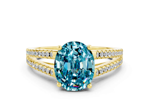 Yellow gold Oval Cut Blue Topaz Solitaire Engagement Ring with Split Shank Pavé Band