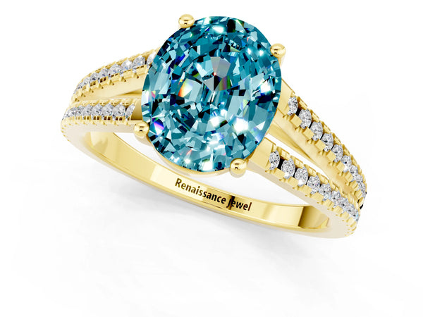 Yellow gold Oval Cut Blue Topaz Solitaire Engagement Ring with Split Shank Pavé Band