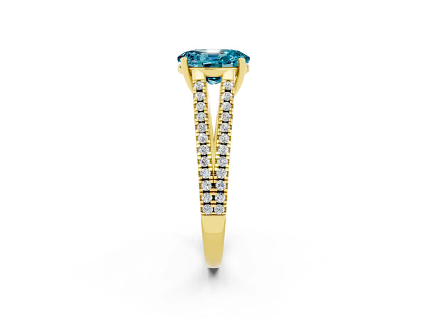 Yellow gold Oval Cut Blue Topaz Solitaire Engagement Ring with Split Shank Pavé Band