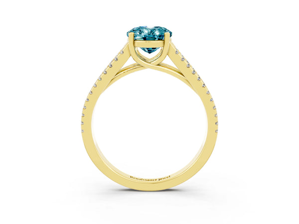 Yellow gold Oval Cut Blue Topaz Solitaire Engagement Ring with Split Shank Pavé Band