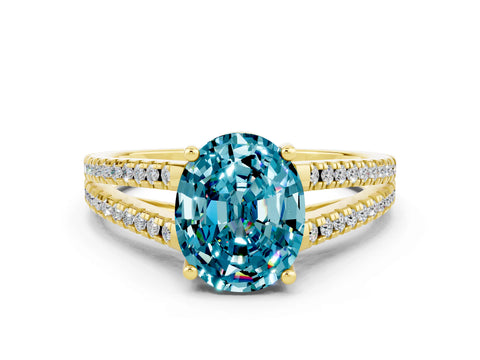 Yellow gold Oval Cut Blue Topaz Solitaire Engagement Ring with Split Shank Pavé Band
