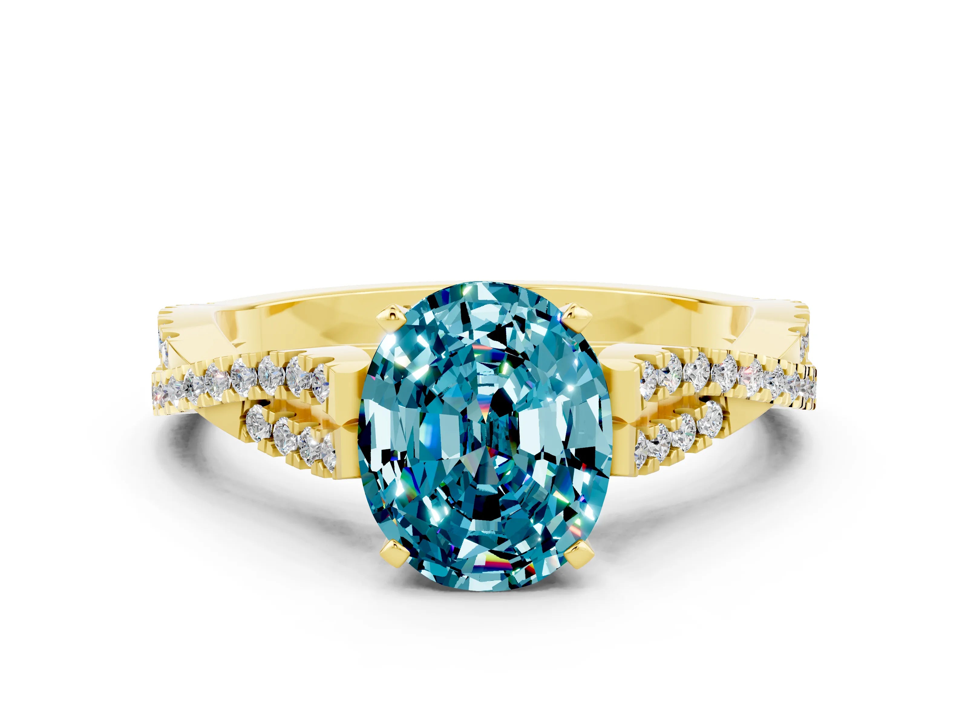 Yellow gold Oval Cut Blue Topaz Solitaire Engagement Ring with Twisted Pavé Band and Four-Prong Setting