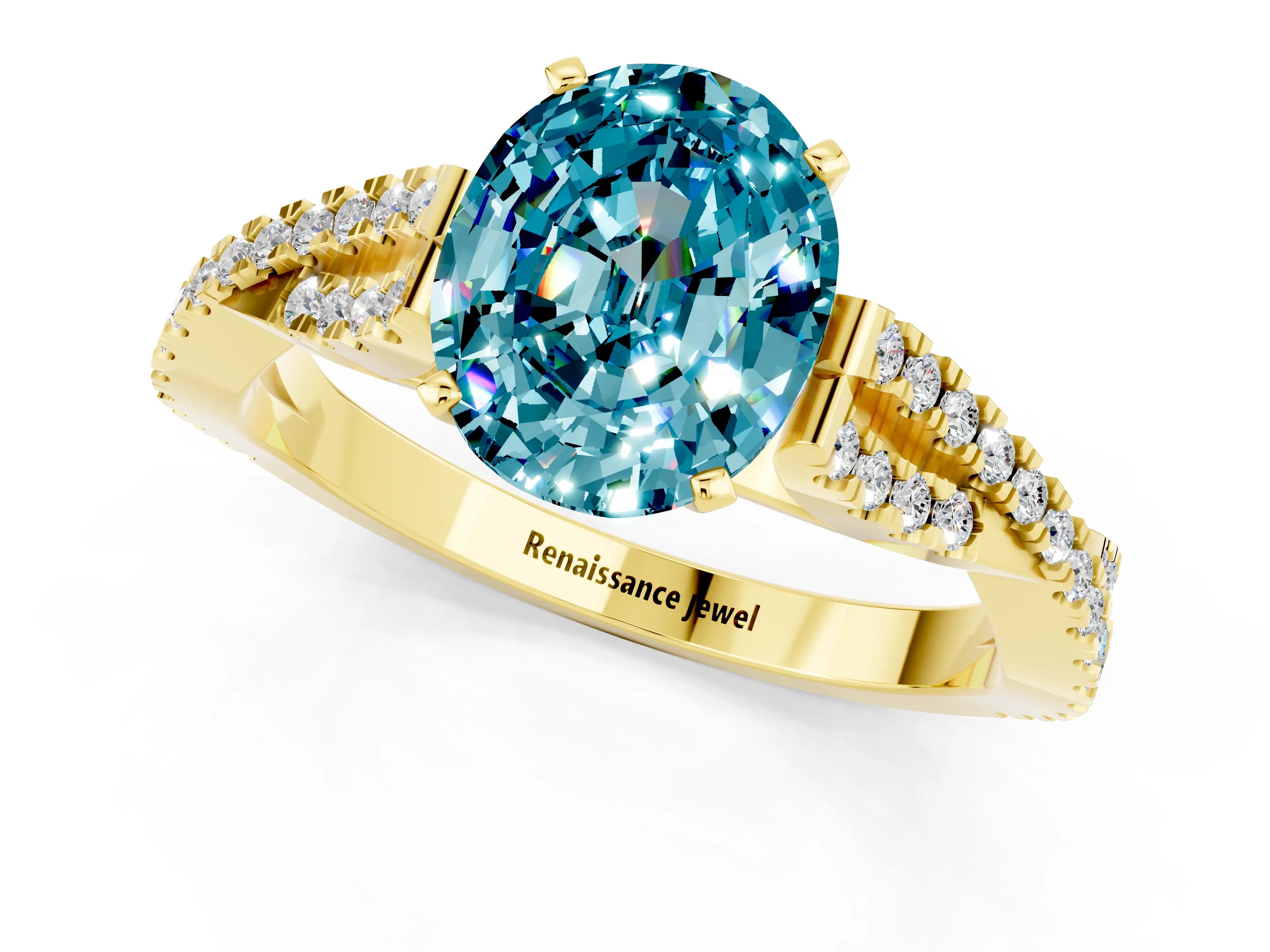 Yellow gold Oval Cut Blue Topaz Solitaire Engagement Ring with Twisted Pavé Band and Four-Prong Setting_1