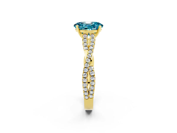 Yellow gold Oval Cut Blue Topaz Solitaire Engagement Ring with Twisted Pavé Band and Four-Prong Setting