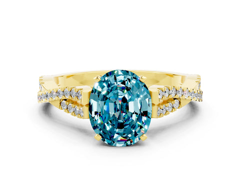 Yellow gold Oval Cut Blue Topaz Solitaire Engagement Ring with Twisted Pavé Band and Four-Prong Setting